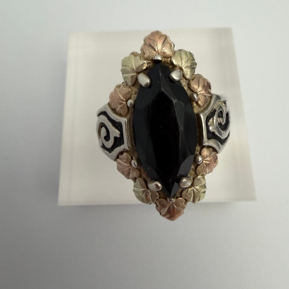 Black Hills Gold Sterling Silver Marquise Black Onyx Ring Sz 5.75